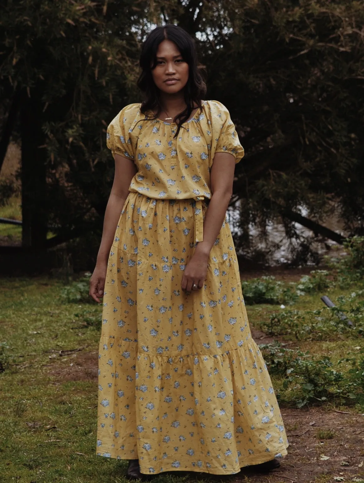 100% RECYCLED COTTON - DELPHINIUM MAXI DRESS LEMON FLORAL