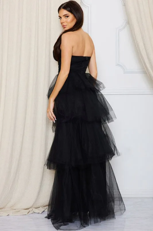 Black Mesh Tulle Fabric Tube Top Maxi Ress