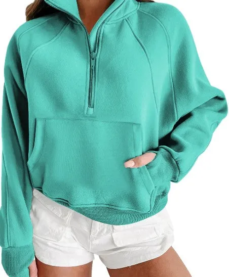 Half Zip Thumbhole Sleeve Sweatshirt - 8 Colors