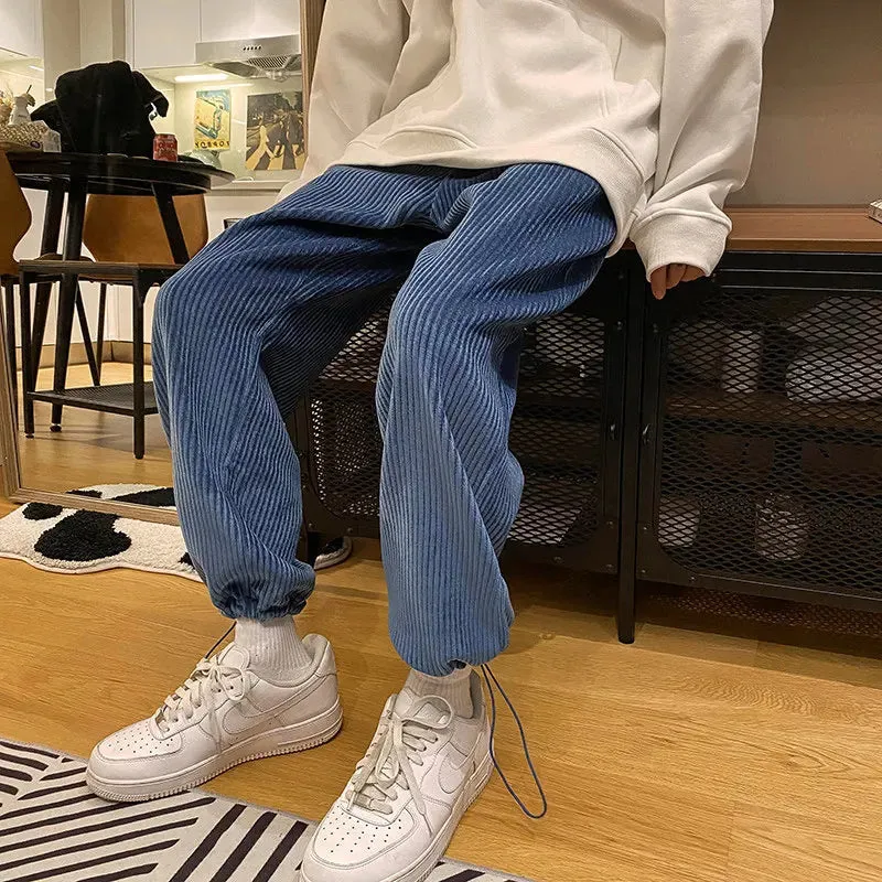 Ilooove Men Corduroy Pants Spring Adjustable Straight Loose Trousers Couples Solid Drawstring Casual Pantalones Male Students Daily Chic