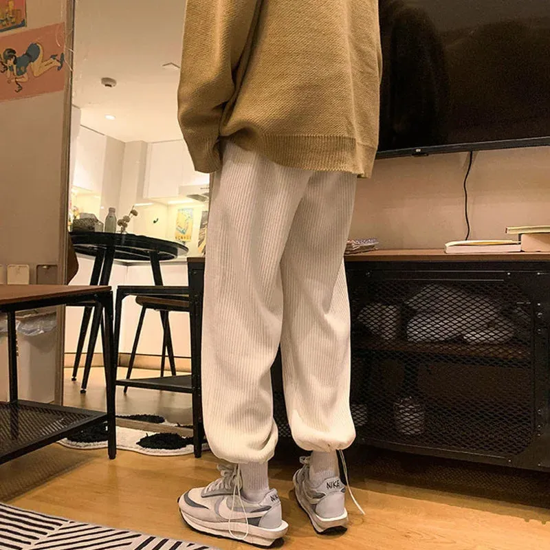 Ilooove Men Corduroy Pants Spring Adjustable Straight Loose Trousers Couples Solid Drawstring Casual Pantalones Male Students Daily Chic