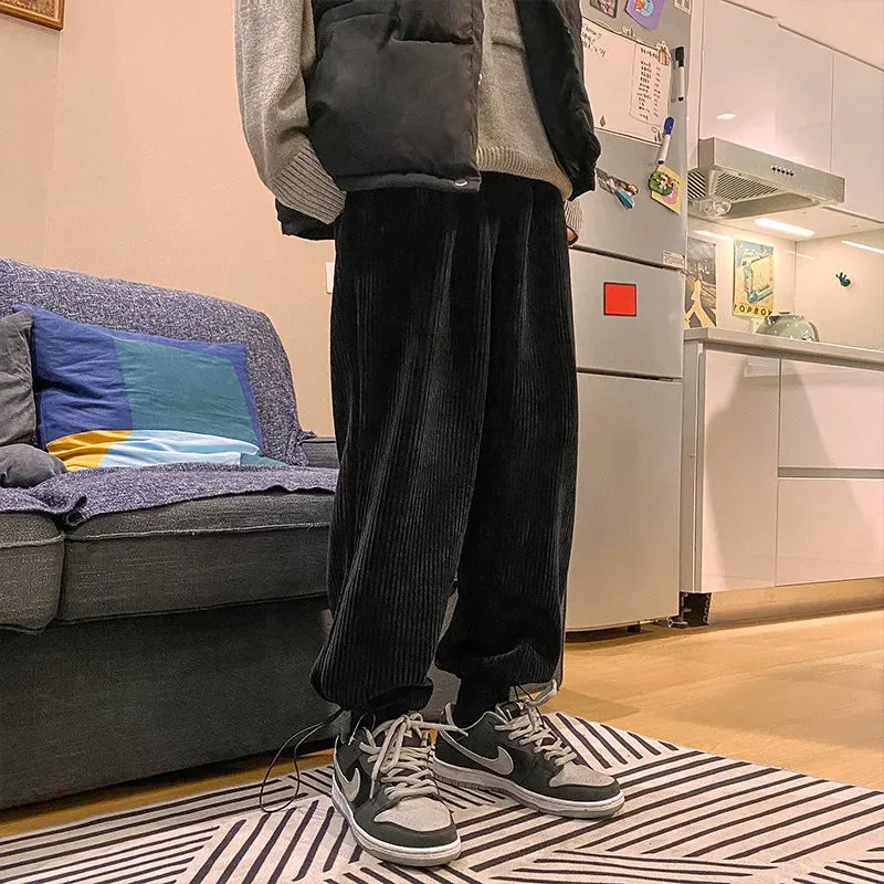 Ilooove Men Corduroy Pants Spring Adjustable Straight Loose Trousers Couples Solid Drawstring Casual Pantalones Male Students Daily Chic