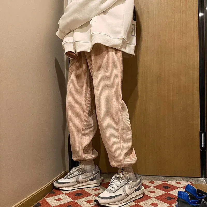 Ilooove Men Corduroy Pants Spring Adjustable Straight Loose Trousers Couples Solid Drawstring Casual Pantalones Male Students Daily Chic