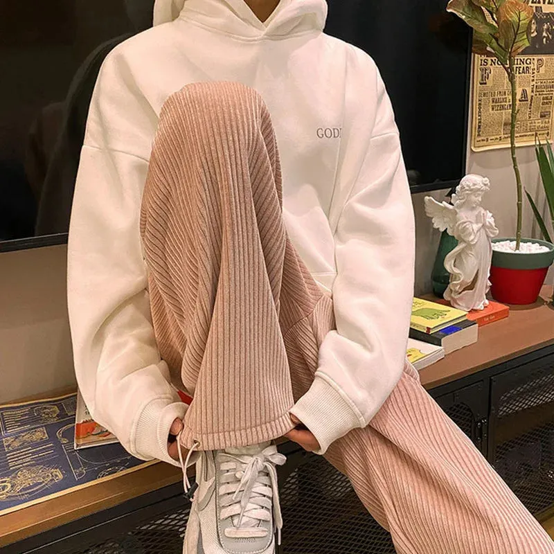 Ilooove Men Corduroy Pants Spring Adjustable Straight Loose Trousers Couples Solid Drawstring Casual Pantalones Male Students Daily Chic