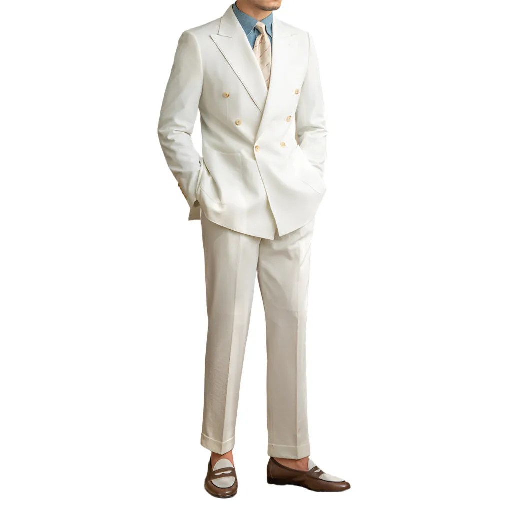 Men’s Seersucker White 2 Piece Suit Half-lined Double-breasted Jacket Size M, L, XL, 2XL, 3XL