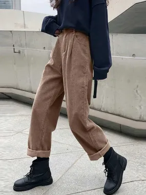 New Corduroy Women's Pants Straight Casual High Waist  Pleated Trousers Vintage Harajuku Autumn Chic Solid Men Woman Bottom