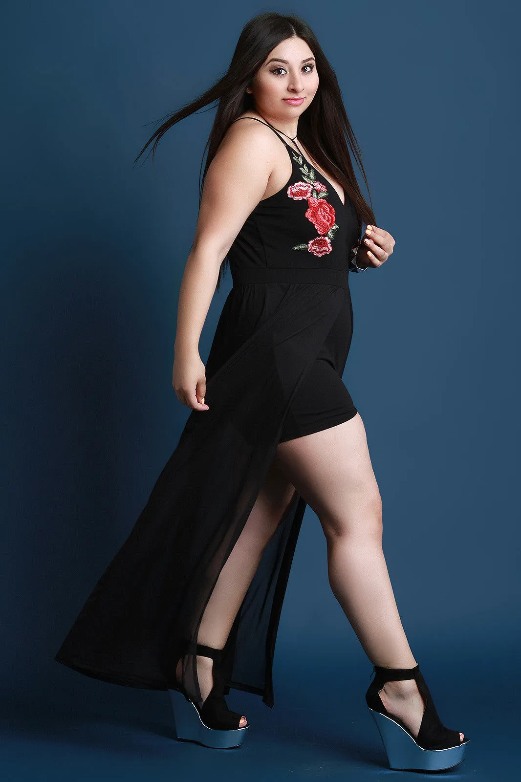 Spaghetti Strap V-Neck Floral Applique Mesh Romper Maxi Dress