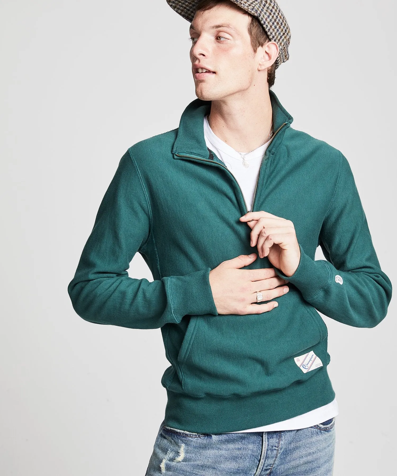 Terry Quarter Zip Reverse Weave Sweatshirt in Storm Green