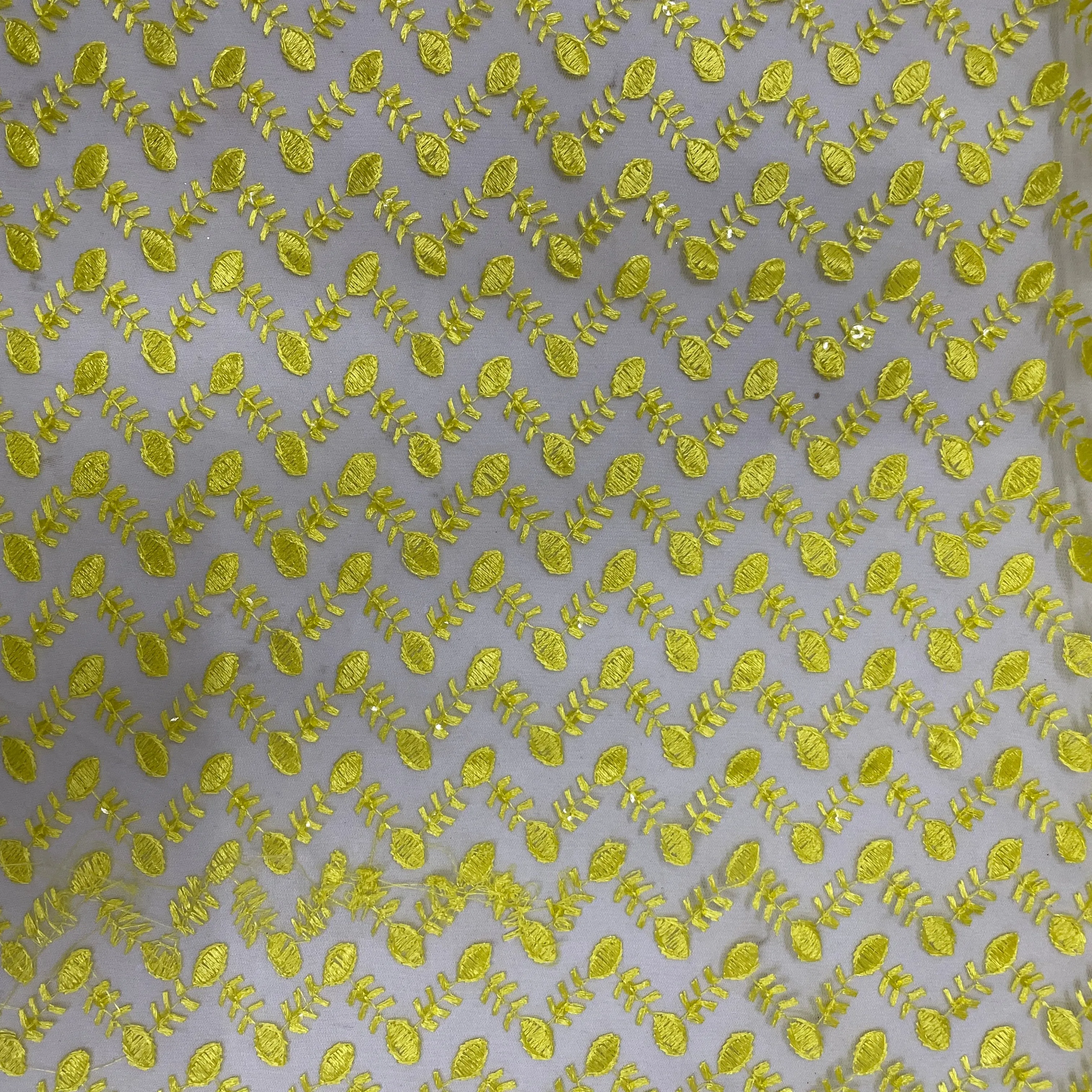 Yellow Floral Embrodiery Net Fabric